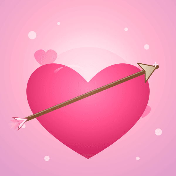 Amora — a glowing pink heart pierced by a golden cupid's arrow on a soft pastel sky, gender-neutral and inviting